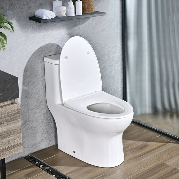 VEVOR One-Piece Toilet, Elongated Toilet Vortex Dual-Flush 1.0/1.28 GPF, Toilets for Bathroom with Comfortable Chair Seat, Standard Height, 12 inch Rough-In, White + Silver, Easy-Clean Skirted Design