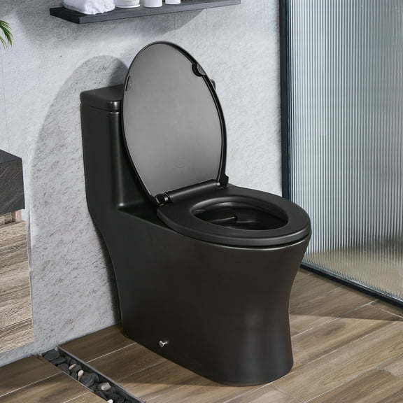 VEVOR One-Piece Toilet, Elongated Toilet Vortex Dual-Flush 1.0/1.28 GPF, Toilets for Bathroom with Comfortable Chair Seat, Standard Height, Easy-Clean Skirted Design, 12 inch Rough-In, Black + Silver