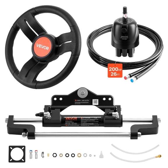 VEVOR Outboard Hydraulic Steering Kit, 200 HP, Marine Boat Hydraulic Steering System with 6.9 MPa Two-Way Lock Helm Pump, Cylinder, 2 PCS 26 ft Hoses, 13.5" Wheel for Single Station,Single-Engine Use