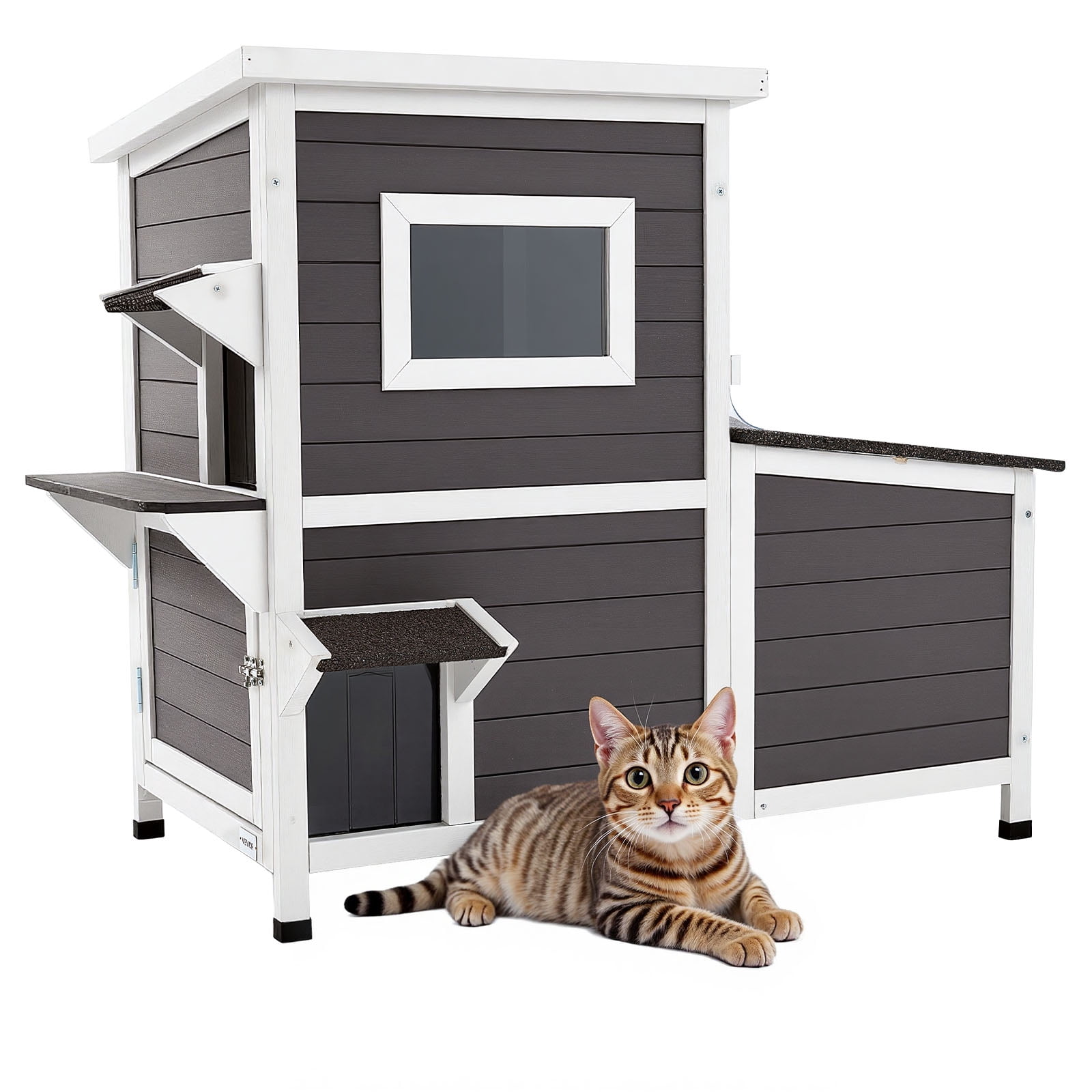 VEVOR Outdoor Cat House,2-Story Wooden Cat Shelter for 3 Outside Cats in Winter,Elevated Feral Kitty Shelter with Stairs, Clear Window & Flap Doors,Waterproof Cats Condos for Garden 42 × 25 × 34 in