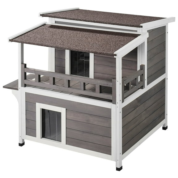 VEVOR Outdoor Cat House Weatherproof, Feral Cat Shelter for Multiple Cats, 2-story Large Outdoor Wooden Cat House with Balcony, Doors, PVC Door Flaps and Open Roof, 30"L x 30"W x 32"H
