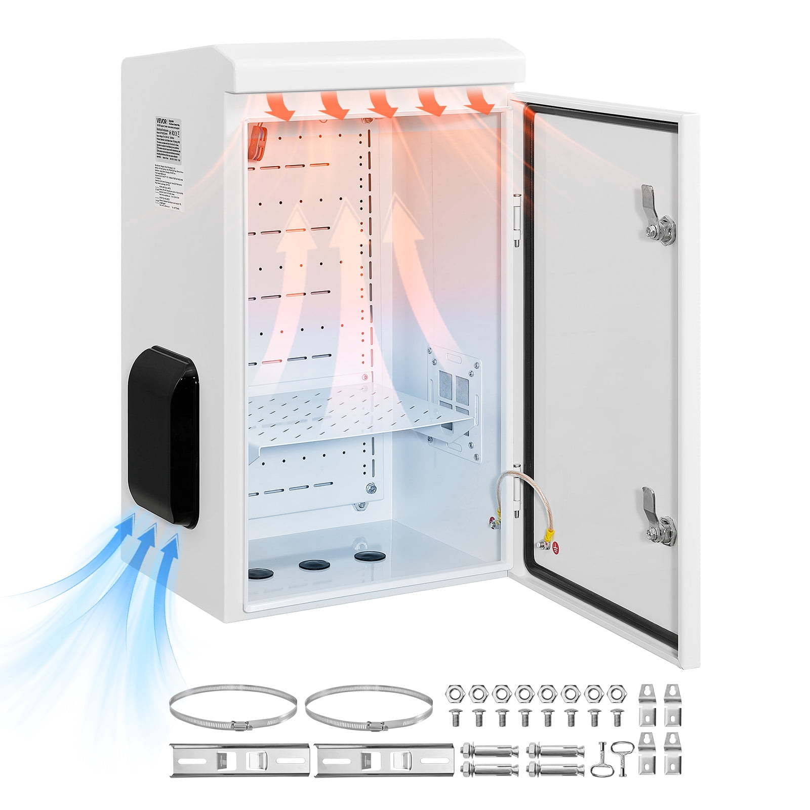 VEVOR Outdoor Electrical Box, Cold-Rolled Steel, Electrical Junction Box with Thermostat and Fan, Rain Hood, Ventilated Design, IP65 Waterproof Hinged Enclosure, Wall/Pole Mounted, 24 x 16 x 12 in