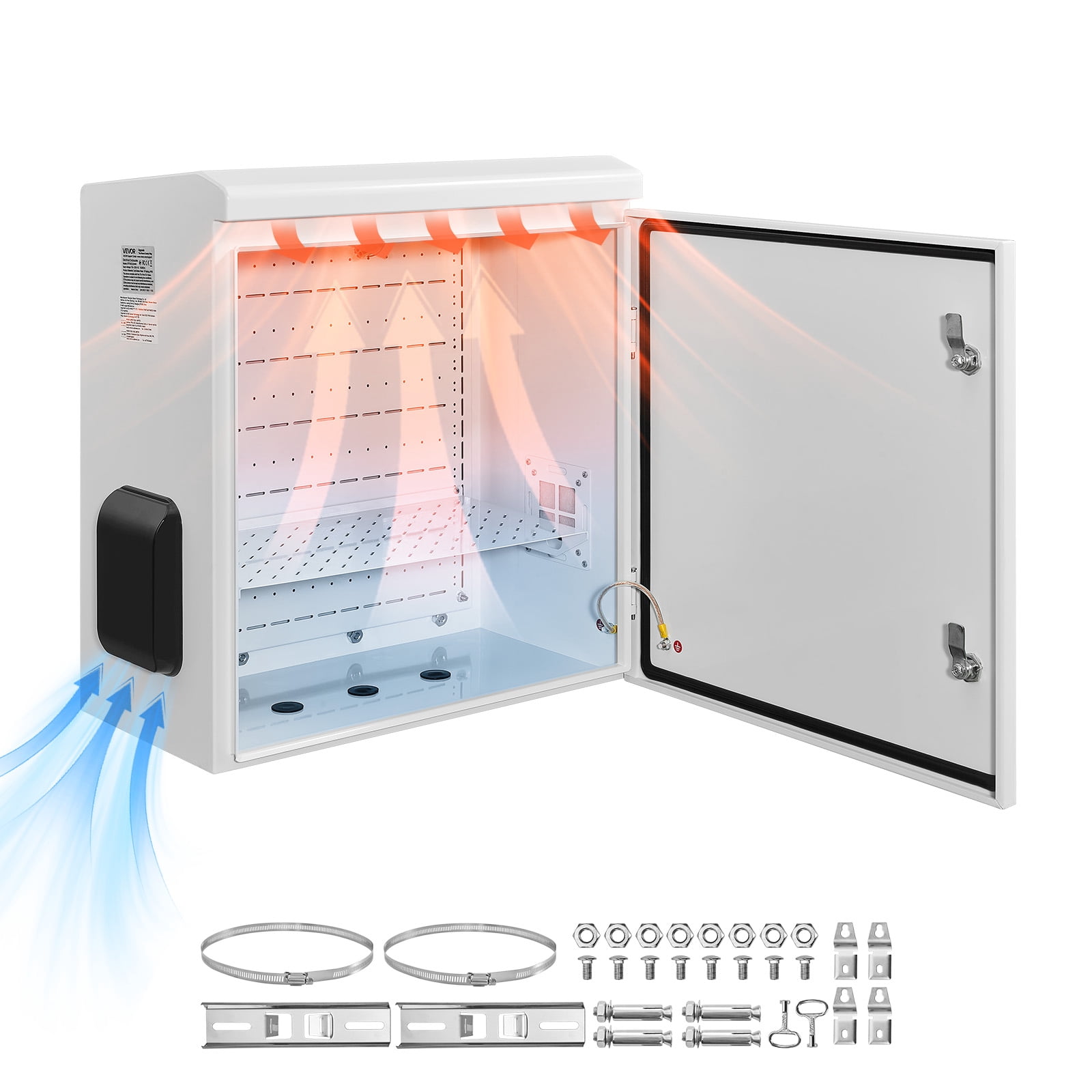 VEVOR Outdoor Electrical Box, Cold-Rolled Steel, Electrical Junction Box with Thermostat and Fan, Rain Hood, Ventilated Design, IP65 Waterproof Hinged Enclosure, Wall/Pole Mounted, 24 x 24 x 12 in