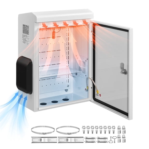 VEVOR Outdoor Electrical Box, Cold-Rolled Steel, Electrical Junction Box with Thermostat and Fan, Rain Hood, Ventilated Design, IP65 Waterproof Hinged Enclosure, Wall/Pole Mounted, 20 x 16 x 8 in
