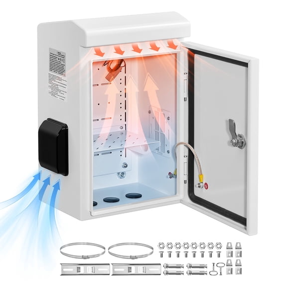 VEVOR Outdoor Electrical Box, Cold-Rolled Steel, Electrical Junction Box with Thermostat and Fan, Rain Hood, Ventilated Design, IP65 Waterproof Hinged Enclosure, Wall/Pole Mounted, 16 x 12 x 8 in