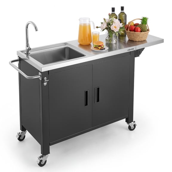 VEVOR Outdoor Grill Cart with Sink and Storage Cabinet, 52 Inch Grill Table, Waterproof Kitchen Island with Stainless Steel Top,Spice Rack, Wheel, Movable Food Prep Station for Patio Bar Backyard BBQ