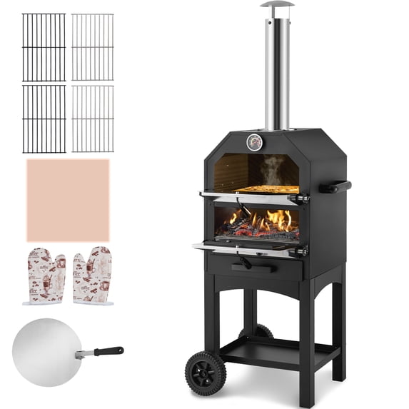 VEVOR Outdoor Pizza Oven, 12" Wood Fire Oven, 2-Layer Pizza Oven Wood Fired, Wood Burning Outdoor Pizza Oven with 2 Removable Wheels, 700℉ Max Temperature Wood Fired Pizza Maker Ovens