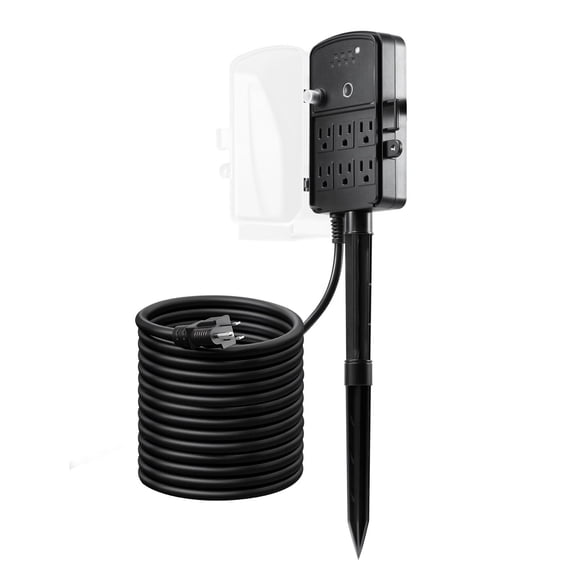 VEVOR Outdoor Power Stake, 25FT Extension Cord, Outdoor Power Strip Weatherproof with Cover, Remote Control Dusk to Dawn Light Timer Waterproof, 6 Outlets, 1875W/15A, for Christmas Lights, Garden