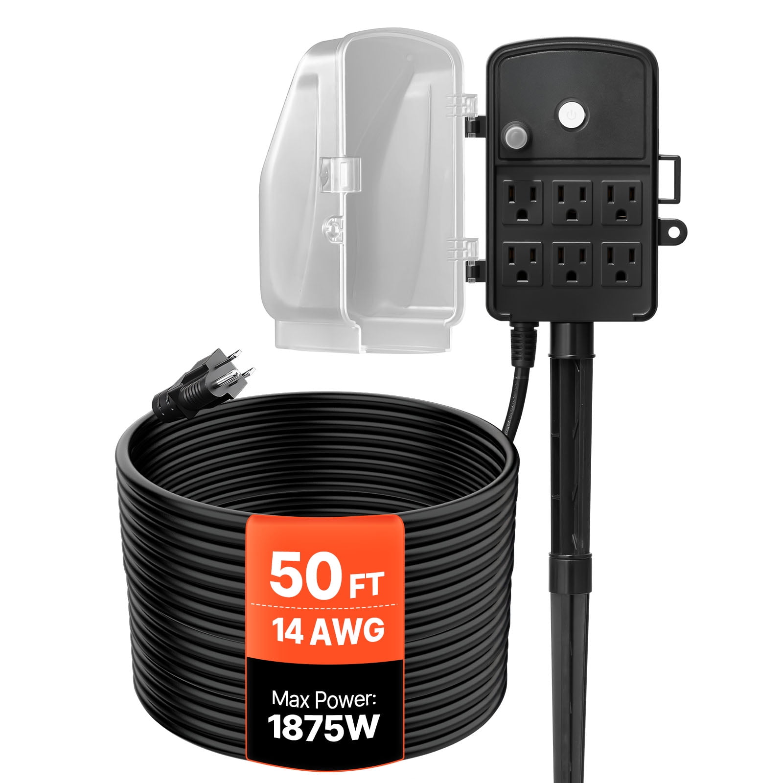 VEVOR Outdoor Power Stake, 50 FT Extension Cord, Outdoor Power Strip Weatherproof with Cover and Overload Protection, 6 Outlets, 15A/1875W, Waterproof Multi-Outlet Yard Stake for Christmas Lights