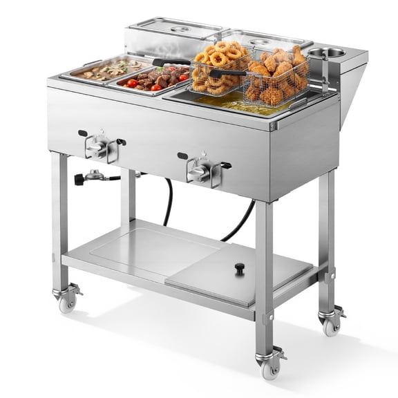 VEVOR Outdoor Propane Deep Fryer, 2 Burners (11,600 BTU Each), Commercial Fryer with Two 1/3 Size Food Warming Pans, Multi-Purpose Frying Cart with 4 Lockable Wheels, for Fried Chicken & Fries