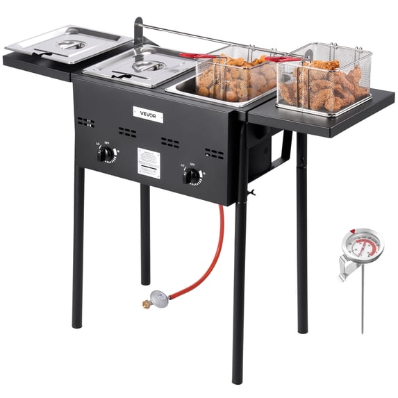 VEVOR Silver Outdoor Propane Deep Fryer, Dual-Tank 8 Qt x 2 Commercial Fryer with Foldable Platform