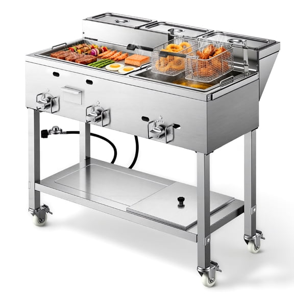 VEVOR Outdoor Propane Fryer & Griddle Combo, 3 Burners (11,600 BTU Each), Commercial Stainless Steel Frying Cart with Wheels, 2 Fryer Baskets & 3 Food Pans, for Hot Dogs, Fried Chicken, Fries, Meats