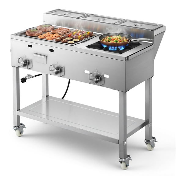 VEVOR Outdoor Propane Griddle, 3 Burners (11,600 BTU Each), Commercial Stainless Steel Griddle with Three 1/3 Size Food Pans, Portable Cart with Wheels & Gas Stove, for Hot Dogs, Burgers & Meats