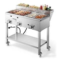 thumbnail image 1 of VEVOR Outdoor Propane Griddle, 3 Burners (11,600 BTU Each), Commercial Stainless Steel Griddle with Two 1/3 Size Food Warming Pans, Portable Cart with 4 Lockable Wheels, for Hot Dogs, Burgers & Meats, 1 of 9