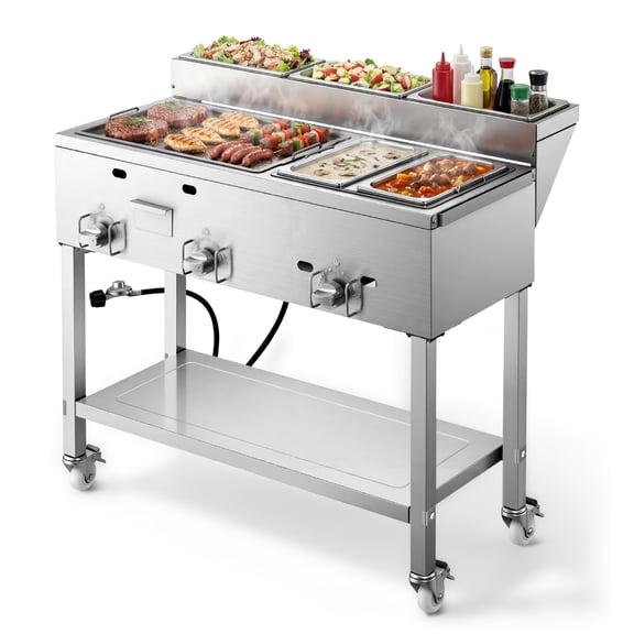 VEVOR Outdoor Propane Griddle, 3 Burners (11,600 BTU Each), Commercial Stainless Steel Griddle with Two 1/3 Size Food Warming Pans, Portable Cart with 4 Lockable Wheels, for Hot Dogs, Burgers & Meats