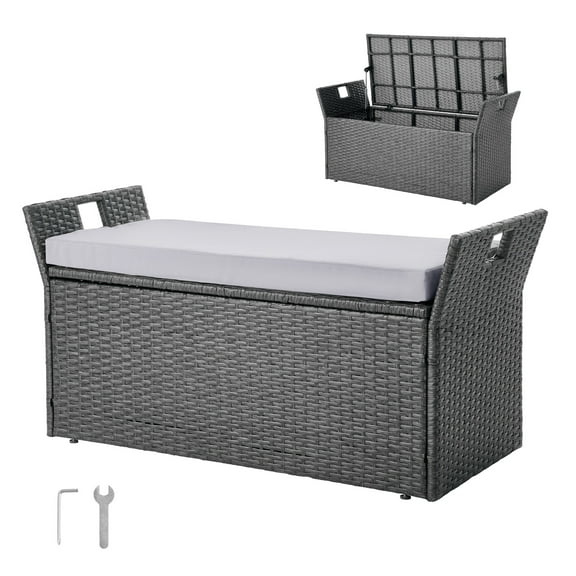 VEVOR Outdoor Storage Bench, 2-Person PE Rattan Storage Bench, 40 Gal Deck Box with Cushion & Side Handle, Supports up to 400 lbs, Weatherproof Outdoor Seating & Porch Decor for Patio Garden Balcony