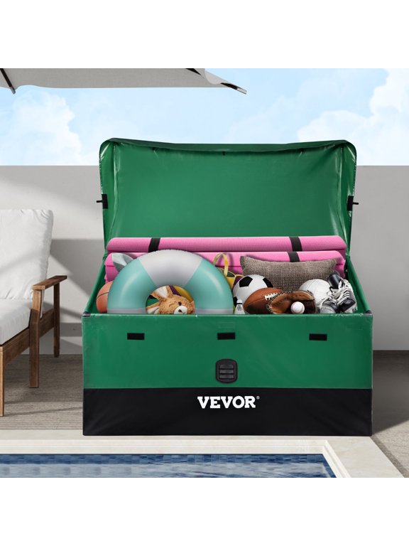 VEVOR Outdoor Storage Box, 100 Gallon Waterproof PE Tarpaulin Deck Box with Galvanized Frame, All-Weather Protection & Portable, for Camping, Garden, Poolside, and Yard, Brown & Blue