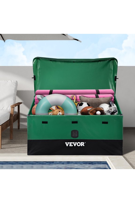 VEVOR Outdoor Storage Box, 100 Gallon Waterproof PE Tarpaulin Deck Box with Galvanized Frame, All-Weather Protection & Portable, for Camping, Garden, Poolside, and Yard, Brown & Blue