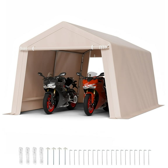 VEVOR Outdoor Storage Shed, 10 x 15 ft Portable Storage Tent with 2 Roll-up Doors & Vents, Waterproof Canopy Shed Shelter, Heavy Duty Frame, Patio Garage Carport for Motorcycle Lawn Mower, Beige