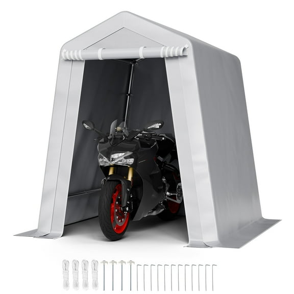 VEVOR Outdoor Storage Shed, 6 x 6 ft Portable Storage Tent with Roll-up Door & Vents, Waterproof Canopy Shed Shelter, Heavy Duty Frame, Patio Garage Carport for Motorcycle, Lawn Mower, Bike, Grey