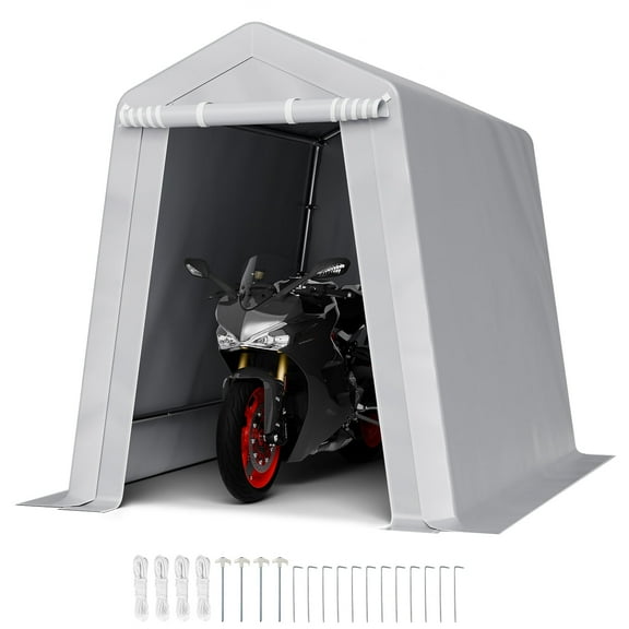 VEVOR Outdoor Storage Shed, 6 x 8 ft Portable Storage Tent with Roll-up Door & Vents, Waterproof Canopy Shed Shelter, Heavy Duty Frame, Patio Garage Carport for Motorcycle, Lawn Mower, Bike, Grey
