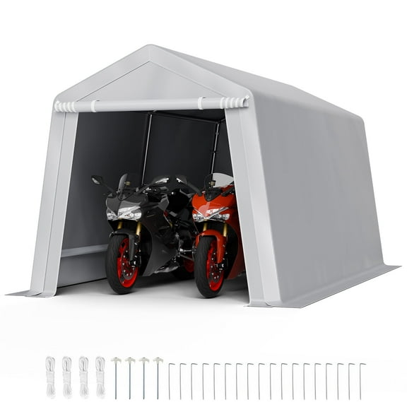 VEVOR Outdoor Storage Shed, 8 x 14 ft Portable Storage Tent with Roll-up Door & Vents, Waterproof Canopy Shed Shelter, Heavy Duty Frame, Patio Garage Carport for Motorcycle, Lawn Mower, Bike, Grey