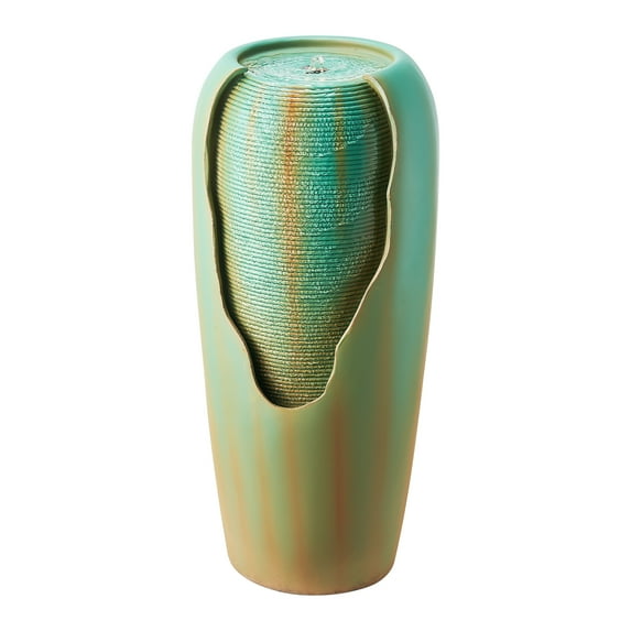 VEVOR Outdoor Water Fountain, 30.71 in Height Fountain and Waterfall, 1-Tier Floor Standing Glazed Jar Style Fountains with LED Light and Pump, for Outdoor Indoor Garden, Home, Patio & Yard (Green)