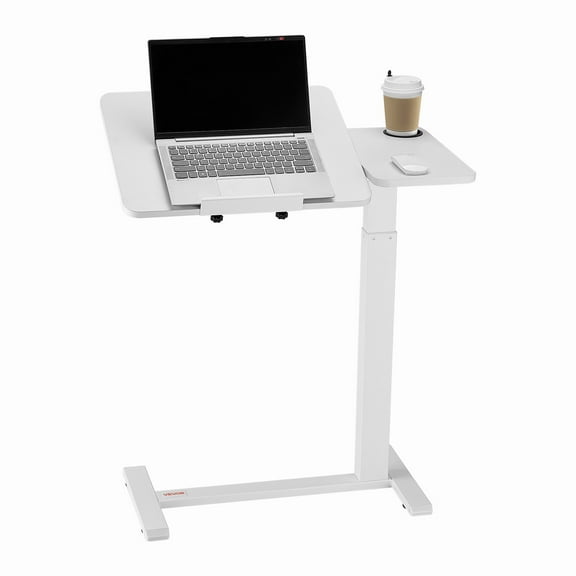 VEVOR Overbed Table, Mobile Bed Side Table with Flip Desktop and 4 Hidden Wheels, Height & Angle Adjustable Rolling Laptop Desk with Cup Holder, Portable Over Bed Desk for Home, Office, Study, White