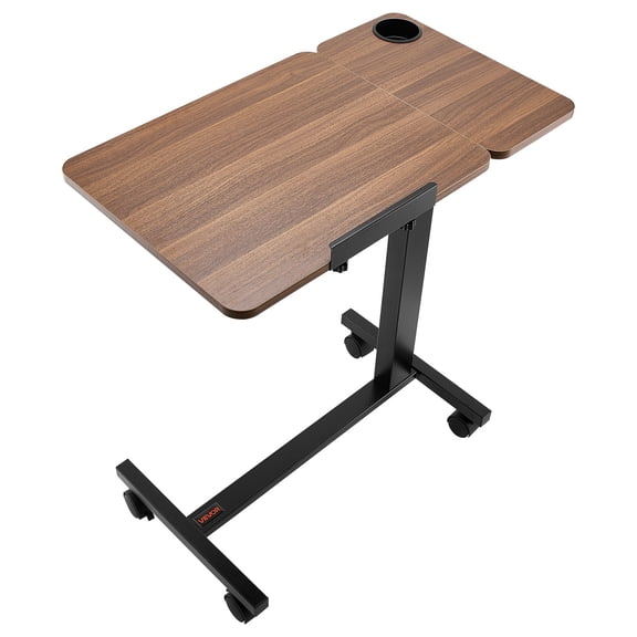VEVOR Overbed Table, Mobile Bed Side Table with Flip Desktop and 4 Wheels, Height & Angle Adjustable Rolling Laptop Desk with Cup Holder, Portable Over Bed Desk for Home, Office, Study, Wood + Black