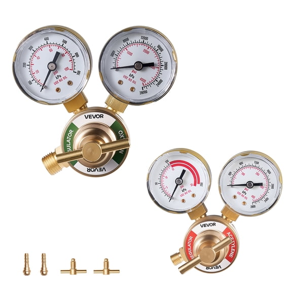 VEVOR Oxygen Acetylene Regulator Set, Oxy-Acetylene Regulators, 0-4000PSI and 0-400PSI Welding Gas Gauges with CGA-540/CGA-200 Inlet Connection & 3/8"-24 Outlet Connection, T-Handle Adjustment