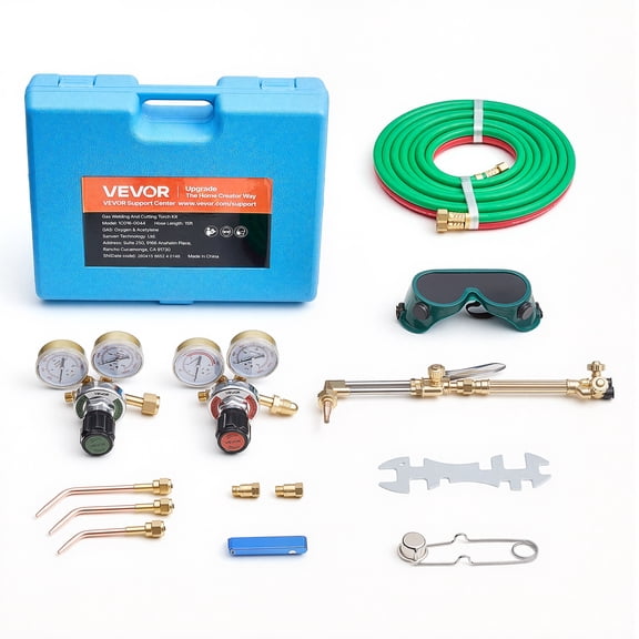 VEVOR Oxygen Acetylene Torch Kit with Check Valves, Gas Welding Cutting Torch Kit, Portable Oxy Acetylene Brazing Set with 15FT Twin-Hose, 1 Cutting Tip, 3 Welding Tips, 2 Gas Regulators & Toolbox