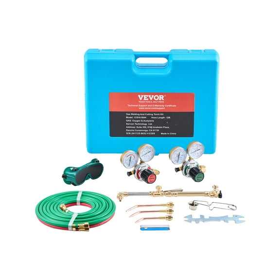 VEVOR Oxygen Acetylene Torch Kit, Gas Welding Cutting Torch Kit, 14PCS Portable Oxy Acetylene Brazing Set with 177'' Long Twin-Hose, Cutting Nozzle, 3 Welding Tips & Carry Case (without Gas Cylinder)