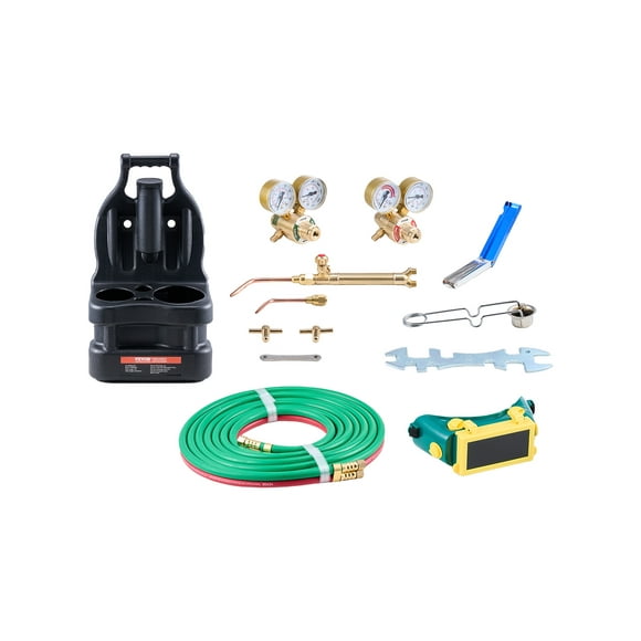 VEVOR Oxygen Acetylene Torch Kit, Gas Welding Torch Kit, 14PCS Portable Oxy Acetylene Brazing Set with 177'' Twin-Hose, 2 Welding Tips, Welding Torch, 2 Regulators, Cylinder Holder (without Cylinder)