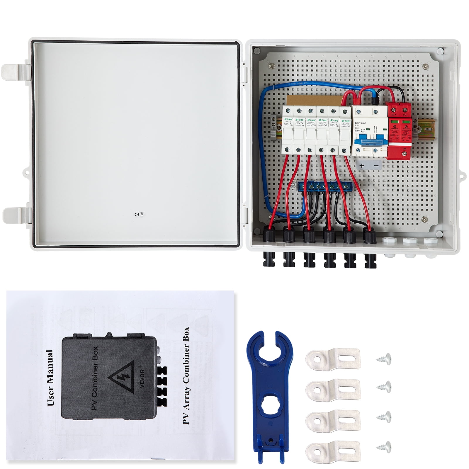 VEVOR PV Combiner Box, 6 String, Solar Combiner Box with 15a Rated Current Fuse, 125a Circuit Breaker, Lightning Arreste and Solar Connector, for On / Off Grid Solar Panel System, IP65 Waterproof