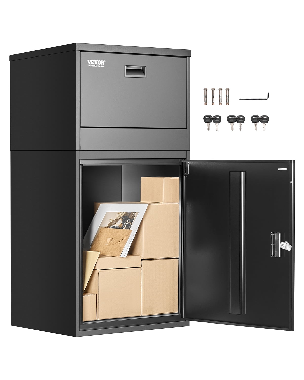 VEVOR Package Delivery Boxes for Outside, 38.6 in. Mailbox for Parcel with Lock, Galvanized Steel Package Drop Box with Anti-Theft Design, Weather-Resistant Package Mailbox for Home, Black