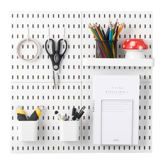 VEVOR Pegboard Combination Kit, 11" x 11" Plastic Pegboard, 4 Panels, Peg Board Wall Organizer Kit with Accessories, for Garage Tool Storage Kitchen Living Room Craft Room Office Bathroom Home, White