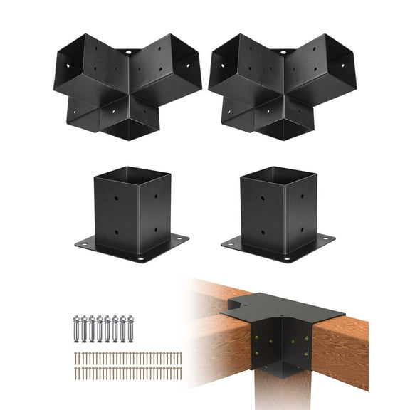 VEVOR Pergola Bracket Kit, 4x4 Inch (Inner Size 3.5x3.5), 2 Pcs 4-Way Heavy Duty Corner Bracket Woodworks DIY Post Base Kit, Easy Installation Wooden Beams for Gazebos, Patio Pergolas, Log Cabin