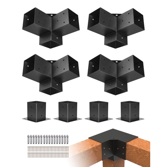 VEVOR Pergola Bracket Kit, 4x4 inch (Inner Size 3.62x3.62), 4 Pcs 3-Way Heavy Duty Corner Bracket Woodworks DIY Post Base Kit, Easy Installation Wooden Beams for Gazebos, Patio Pergolas, Log Cabin