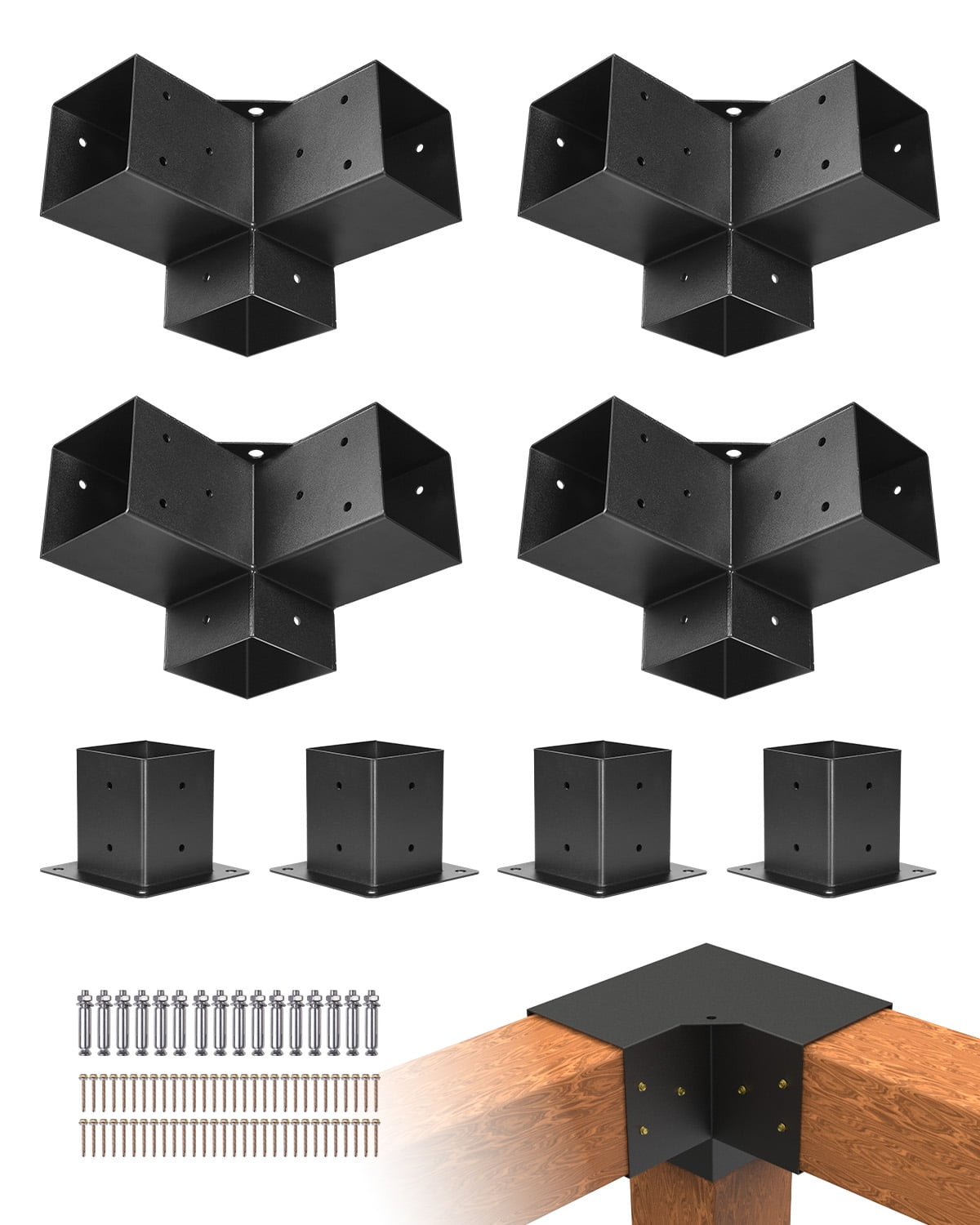 VEVOR Pergola Bracket Kit, 4x4 inch (Inner Size 3.5x3.5), 4 Pcs 3-Way Heavy Duty Corner Bracket Woodworks DIY Post Base Kit, Easy Installation Wooden Beams for Gazebos, Patio Pergolas, Log Cabin