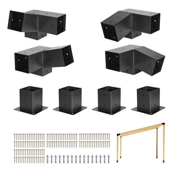 VEVOR Pergola Kit, 4x4 inch 3-Way Slanted Bracket for 3.5x3.5 inch Wood Beams in Actual Size, Carbon Steel Pergola Bracket with Screws and Post Bases, for Outdoor Wood Pergolas, Gazebos, Sheds