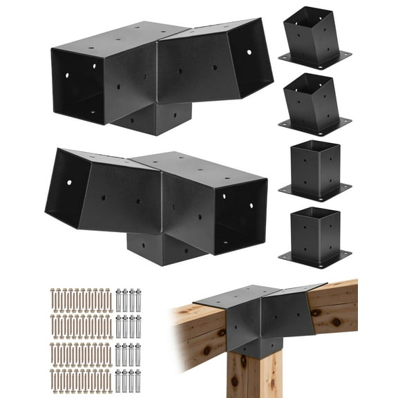 VEVOR Pergola Kit, 4x4 inch 3-Way Slanted Brackets for 3.5x3.5 inch Wood Beams in Actual Size, 2-pack Pergola Brackets with 2 Post Bases and 2 Wall Mount Bases, for Outdoor Pergolas, Gazebos, Sheds
