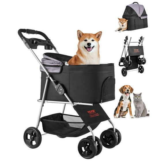 VEVOR Pet Stroller, 35 lbs Weight Capacity, Foldable Dog Stroller Cart, 4 Wheels Cats Pram with Detachable Carrier & Mesh Windows, Portable Animal Carrier with Brake for Small to Medium Pets