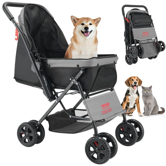 VEVOR Pet Stroller, 44 lbs Weight Capacity, Foldable Dog Stroller Cart, 4 Wheels Cats Stroller with Mesh Windows & Revrsible Handle,Portable Pet Carrier Stroller with Brake,for Small to Medium Pets