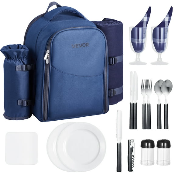 VEVOR Picnic Backpack, Beach Picnic Backpack Bag for 2 Person with Insulated Cooler Compartment, Detachable Bottle/Wine Holder, Lightweight Blanket, Plates & Cutlery Set for Hiking, Camping,Navy Blue