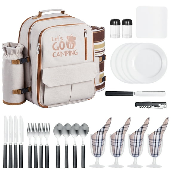 VEVOR Picnic Backpack, Beach Picnic Backpack Bag for 4 Person with Insulated Cooler Compartment, Detachable Bottle/Wine Holder, Lightweight Blanket, Plates & Cutlery Set for Outdoor,Hiking,Camping