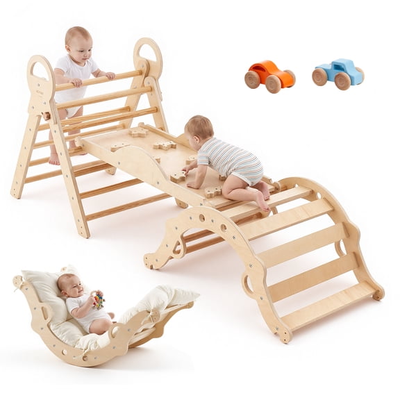 VEVOR Pikler Triangle Set, 9-in-1 Toddler Climbing Toys Indoor, with 2 Wooden Cars, Cushion, Triangle, Arch, and Ramp, 150 lbs Load, Foldable Montessori Climbing Set for Toddlers and Kids, Wood Color