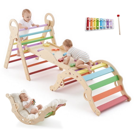 VEVOR Pikler Triangle Set, 9-in-1 Toddler Climbing Toys Indoor, with Xylophone, Cushion, Triangle, Arch, and Ramp, 150 lbs Load, Foldable Montessori Climbing Set for Toddlers and Kids, Rainbow