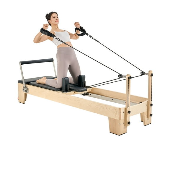 VEVOR Pilates Reformer Machine, Wooden Pilates Workout Equipment for Home Gym Studio Use, Pilates Bed with Dual Resistance- Spring & Cord, Reformer Set with Sitting Box, Up to 400 LBS