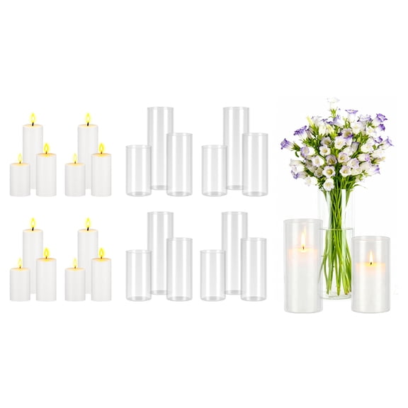 VEVOR Pillar Candles and Glass Vases Set 24 Pcs, Clear Cylinder Hurricane Candle Holders for Wedding Centerpieces,Tall Vase for Table Decor, Wedding Party, Thanksgiving,White (2.56" x 4.7",5.9",7.9")
