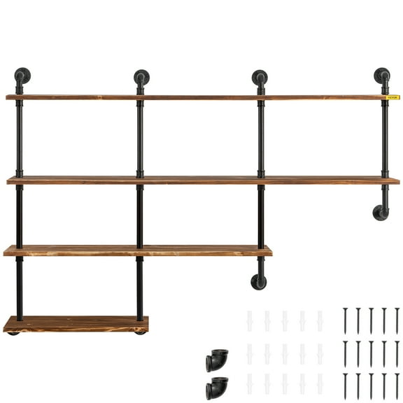 VEVOR Pipe Shelf, Industrial Steel Pipe Shelving w/ 4-Shelf Solid Wood Planks, Modern Rustic Floating Shelves Wall Mounted, DIY Storage Bracket for Bookshelf, Kitchen, Bathroom, Home Decor, Black